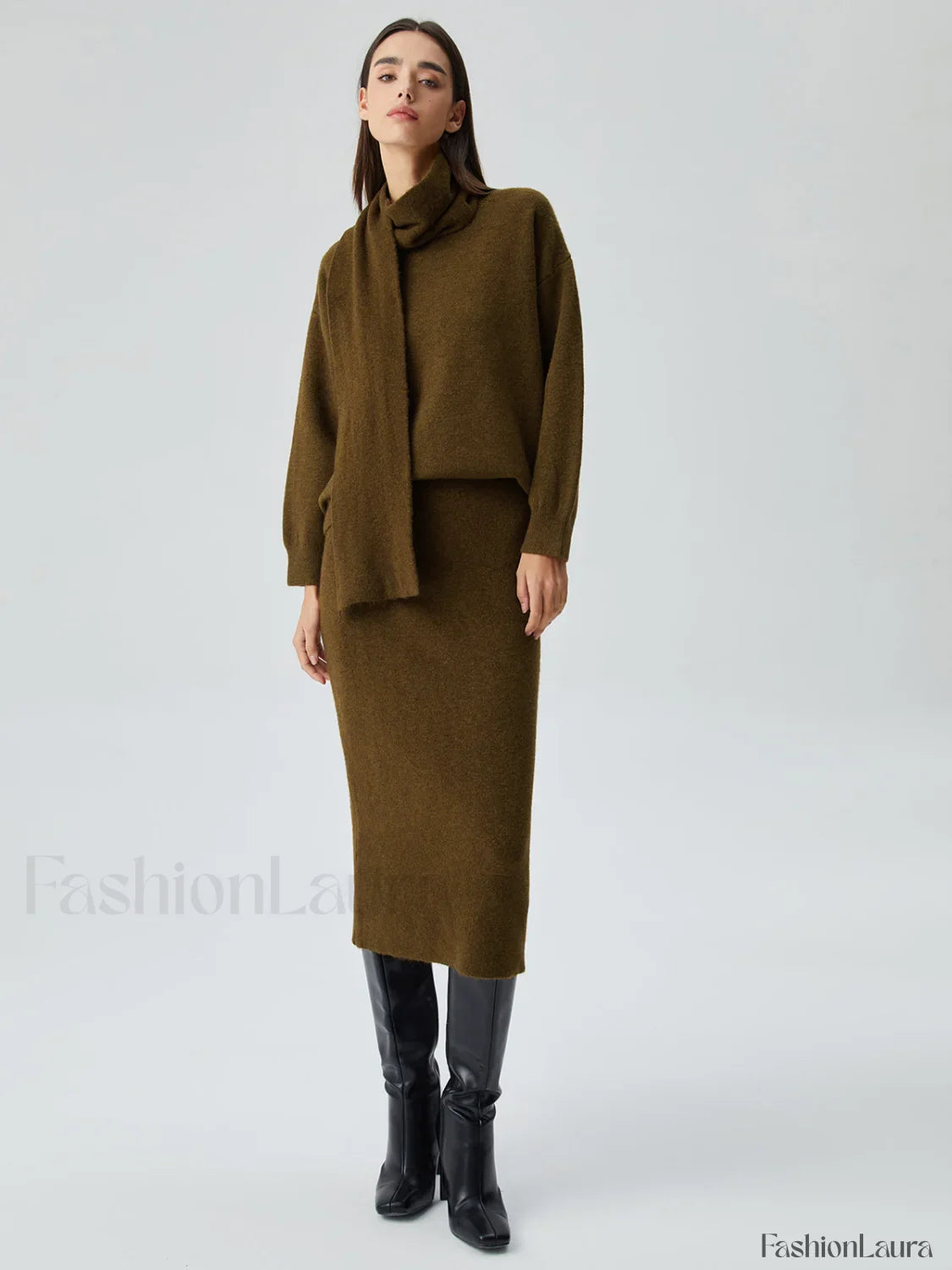 Plain Knit Two Piece Modern Skirt Set with Matching Scarf