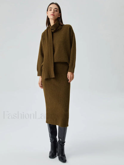 Plain Knit Two Piece Modern Skirt Set with Matching Scarf