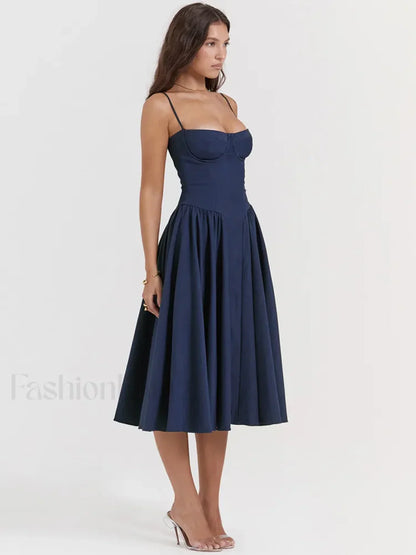 Pleated Spaghetti-Strap Midi Dress