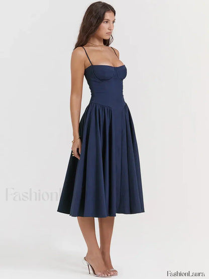Pleated Spaghetti-Strap Midi Dress
