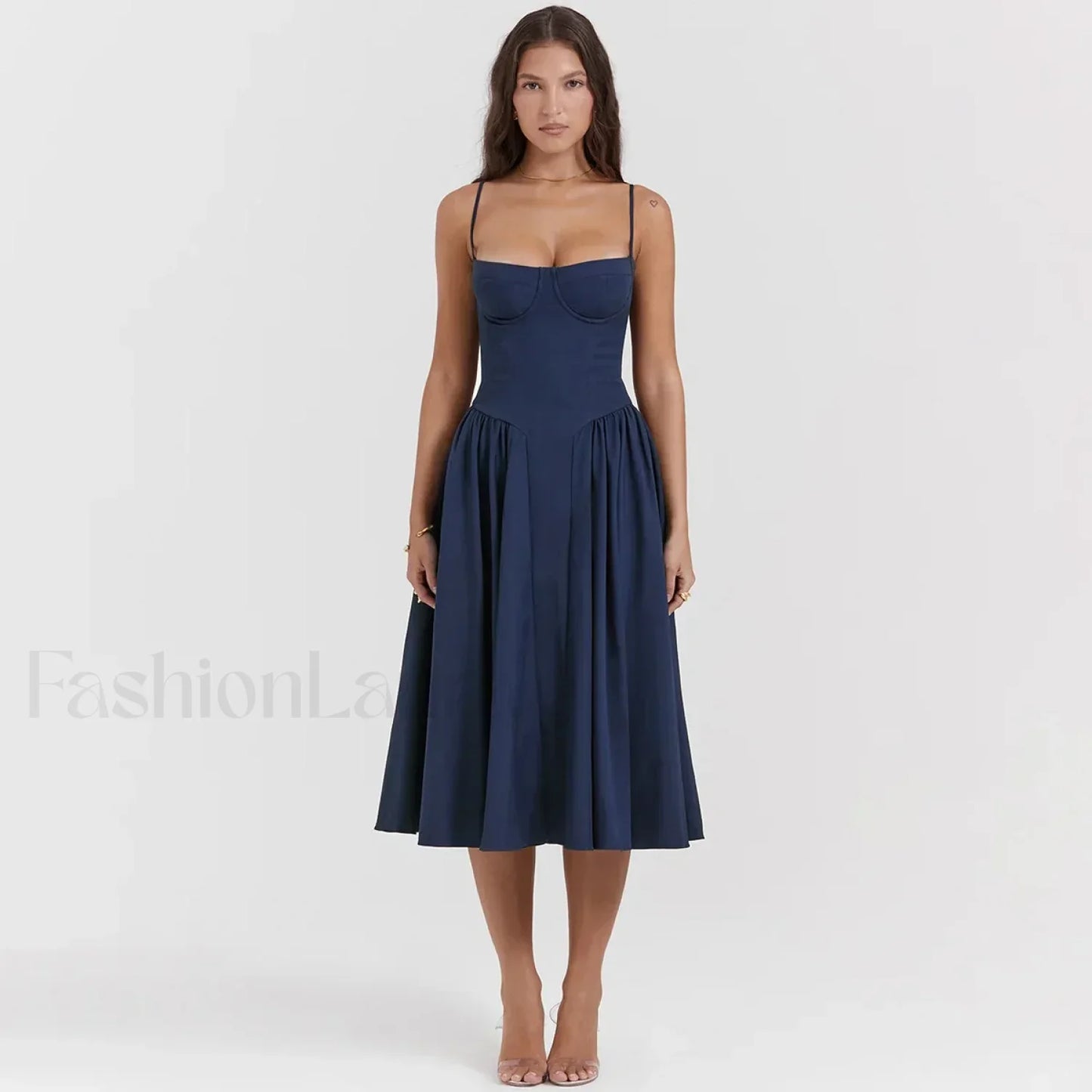Pleated Spaghetti-Strap Midi Dress