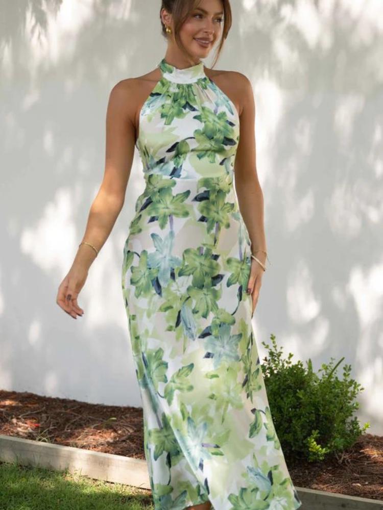 Halter Mock Neck Tie Back Botanical Floral Print Satin Column Maxi Dress