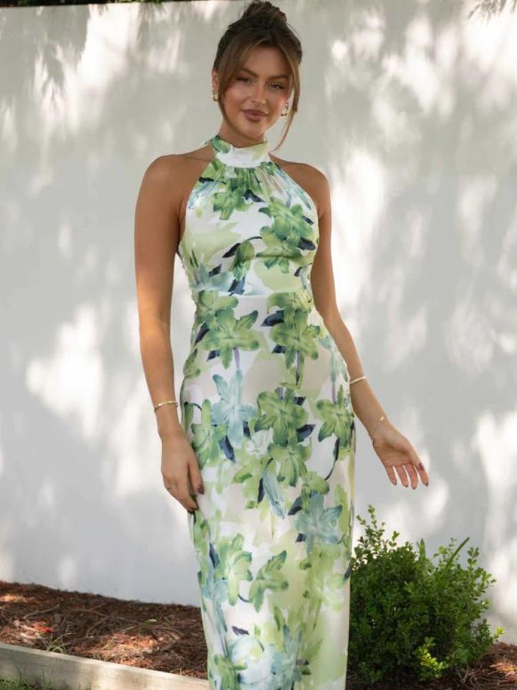 Halter Mock Neck Tie Back Botanical Floral Print Satin Column Maxi Dress