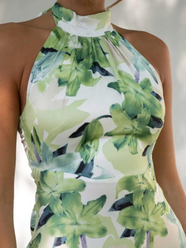 Botanical Print Halter Tie-Back Backless Satin Column Maxi Dress