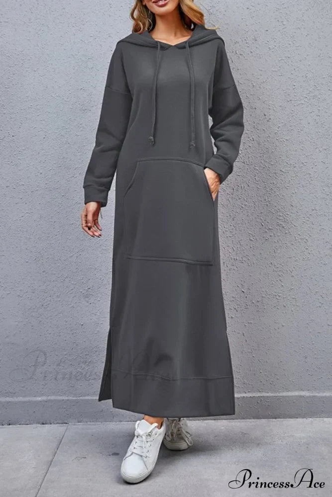 Pocketed Slit Hem Hoodie Dress