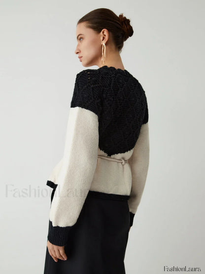 Pointelle Knit Patchwork Trendy Tie Front Sweater