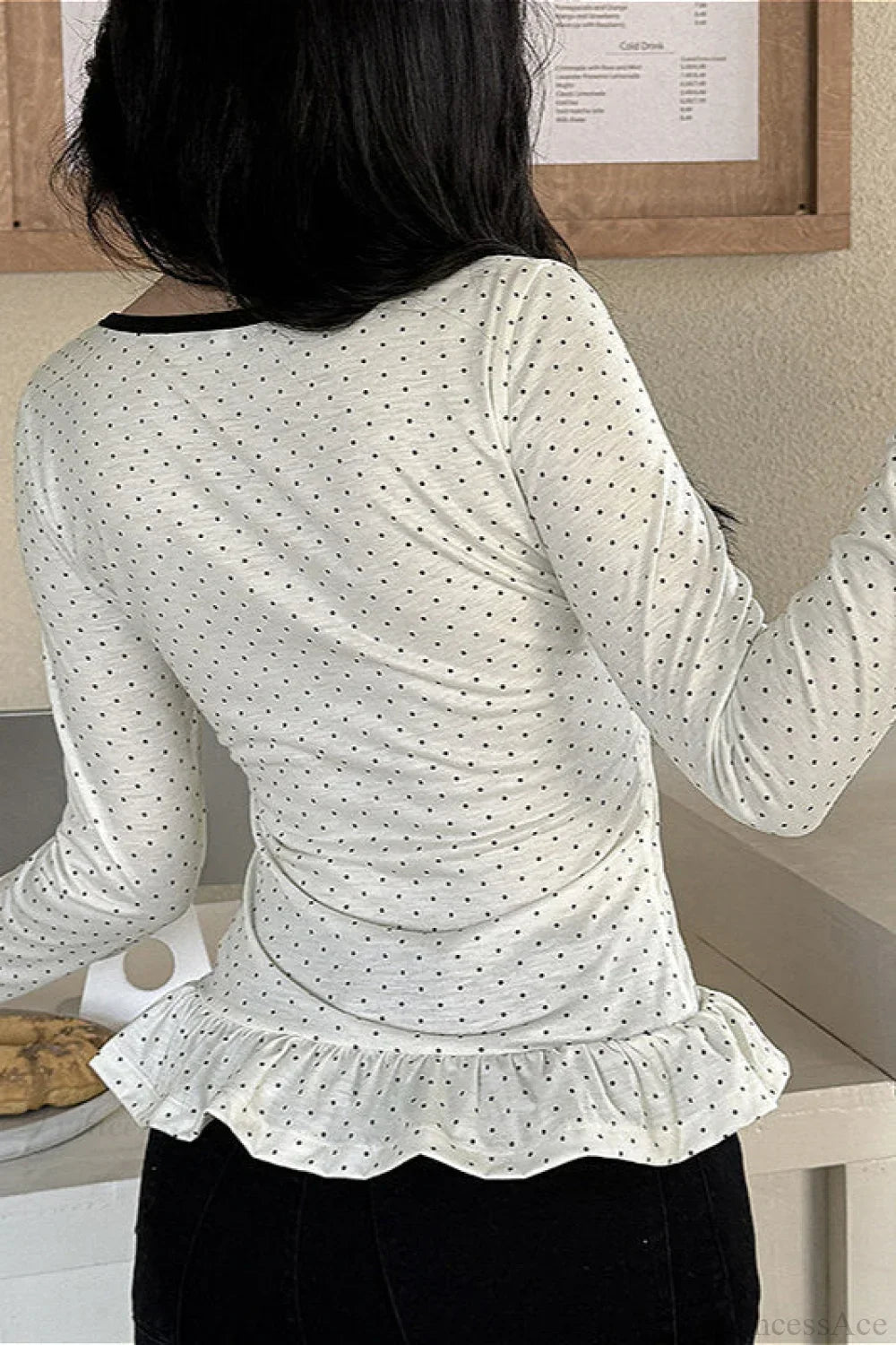 Polka Dot Bow Front Ruffle Fitted Long Sleeve Tee