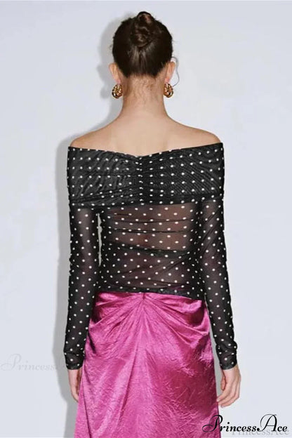 Polka Dot Off Shoulder Ruched Short Long Sleeve Tee
