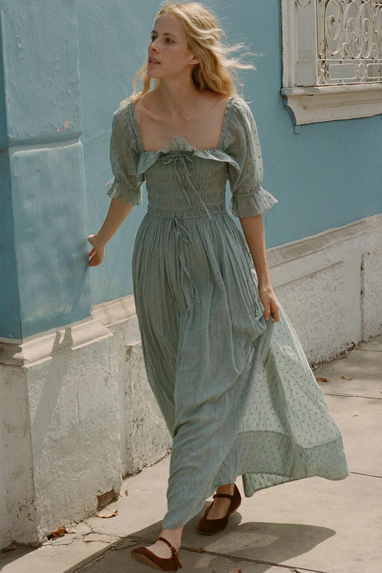 Square Neck Smocked Swiss Dot Puff Sleeve Tie Front Maxi Dress