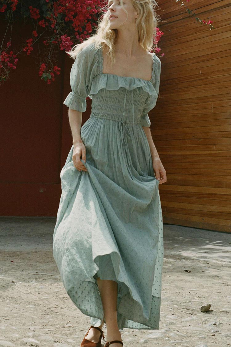 Square Neck Smocked Swiss Dot Puff Sleeve Tie Front Maxi Dress