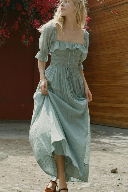 Square Neck Smocked Swiss Dot Puff Sleeve Tie Front Maxi Dress