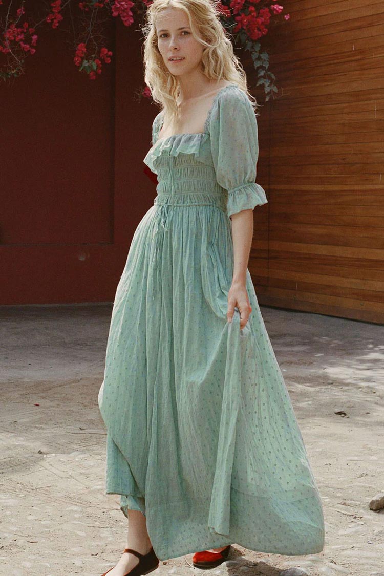 Square Neck Smocked Swiss Dot Puff Sleeve Tie Front Maxi Dress