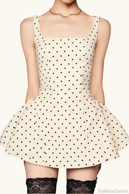 Polka Dot Square Neck Structured Puff Skirt Babydoll Mini Dress