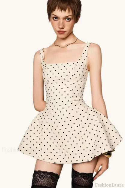 Polka Dot Square Neck Structured Puff Skirt Babydoll Mini Dress