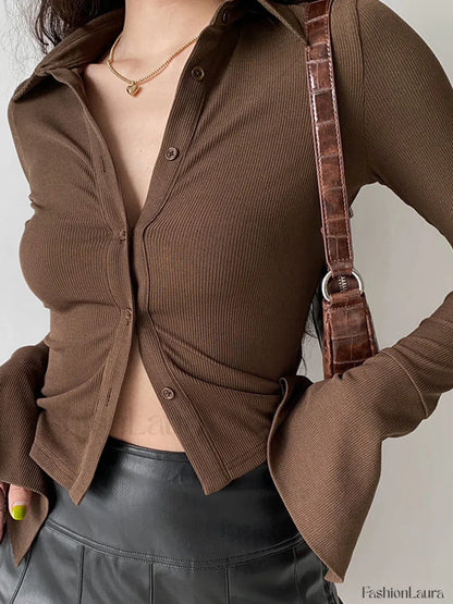Polo Neck Long Sleeve Rib Blouse