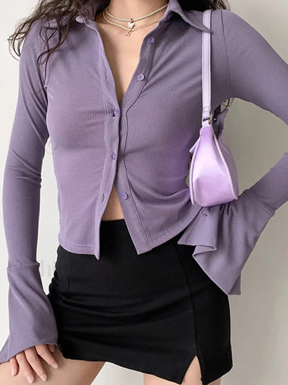 Polo Neck Long Sleeve Rib Blouse