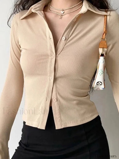 Polo Neck Long Sleeve Rib Blouse
