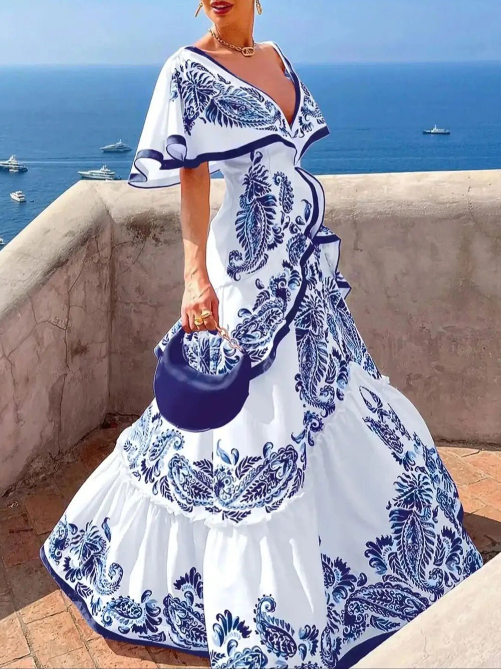Paisley Print Flutter Sleeve Ruffle Trim Tiered Maxi Dress