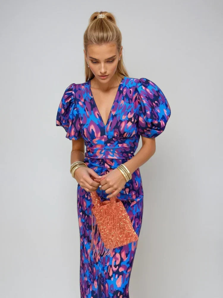 Abstract Print Puff Sleeve Deep V-Neck Ruched Bodycon Midi Dress