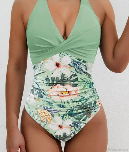 Print Patchwork Halter Push Up One Piece Set