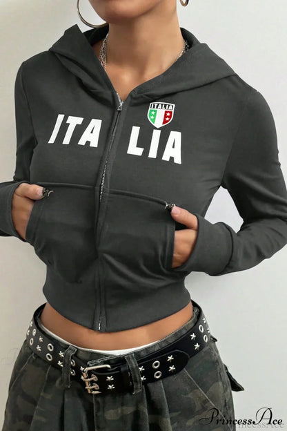 Printed Zip-Up Cropped Hoodie