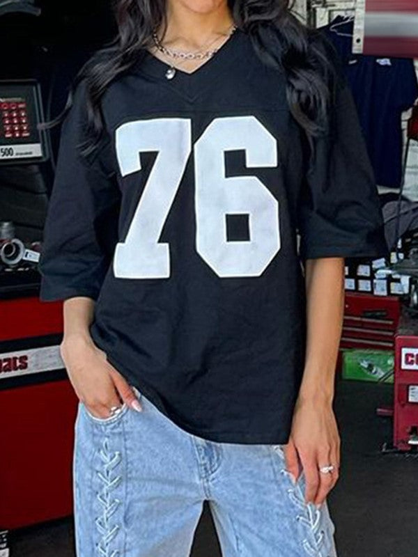 Contrast Color Retro Sport Oversized Short Sleeve Top with V Neck