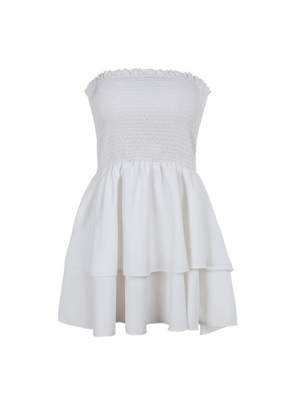 Strapless Smocked Bodice Tiered Ruffle Mini Dress with Matching Bow Choker