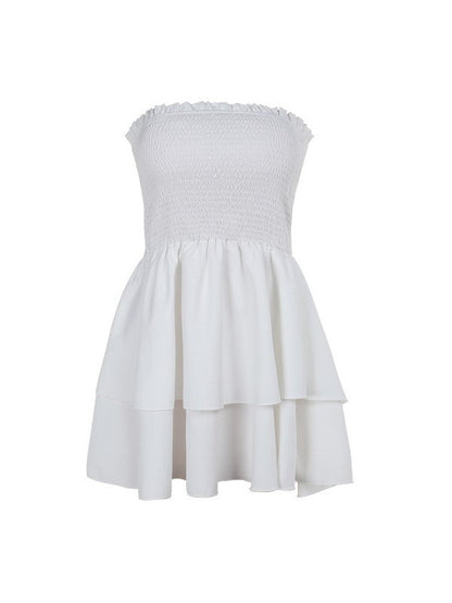 Strapless Smocked Bodice Tiered Ruffle Mini Dress with Matching Bow Choker
