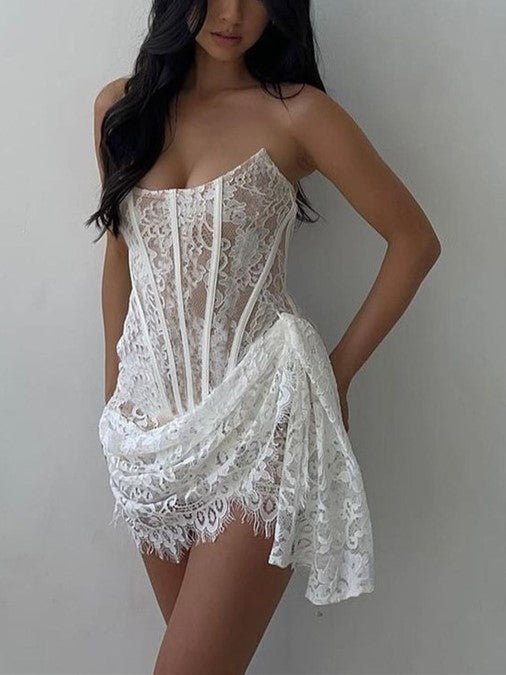 Strapless Lace Corset Sweetheart Neck Asymmetric Drape Mini Dress