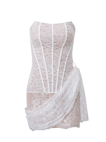 Strapless Lace Corset Sweetheart Neck Asymmetric Drape Mini Dress