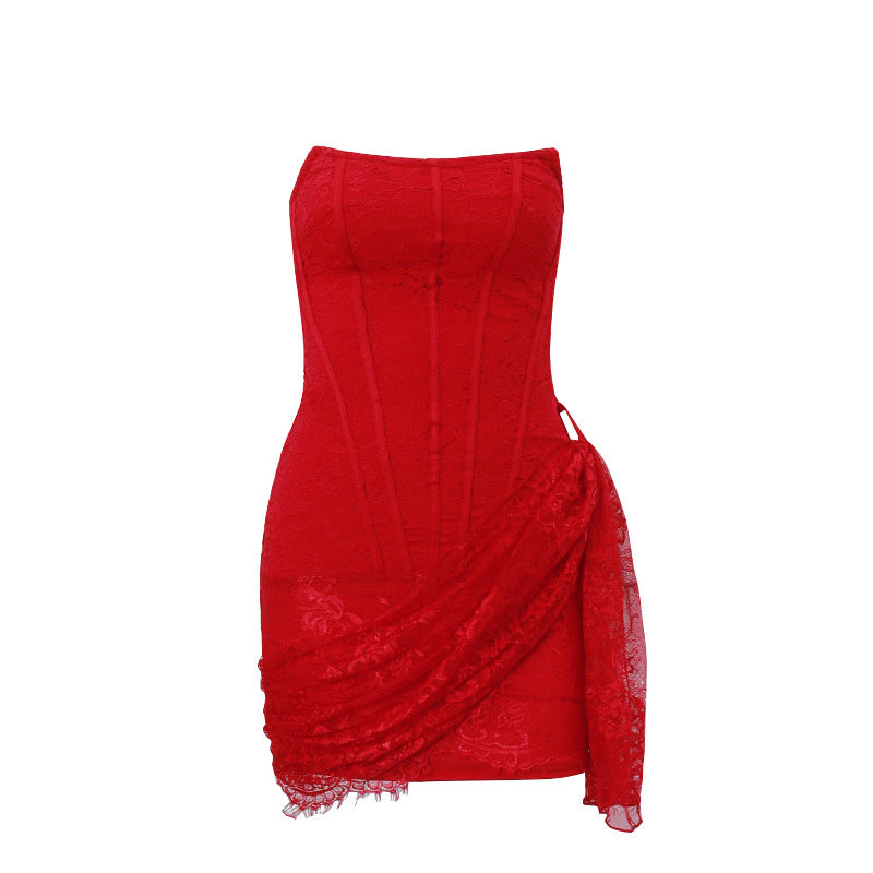 Strapless Lace Corset Sweetheart Neck Asymmetric Drape Mini Dress