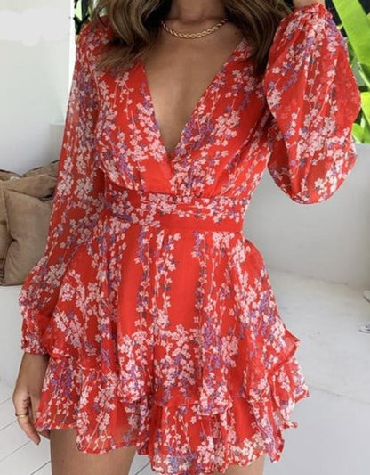 Women's V-Neck Long Sleeve Floral Ruffled Romper – Summer Playsuit