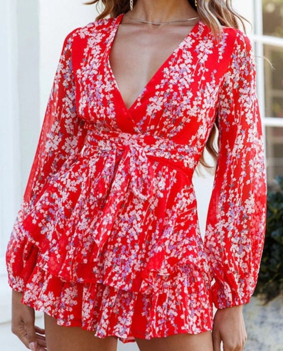 Women's V-Neck Long Sleeve Floral Ruffled Romper – Summer Playsuit