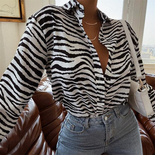 DressBetty - Fashion Down Lapel  AbstractZebra Print  Loose Tops