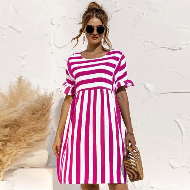 DressBetty - Cute Loose Striped Print Ruffles Sleeves Dresses