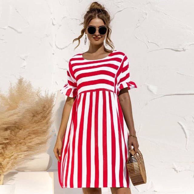 DressBetty - Cute Loose Striped Print Ruffles Sleeves Dresses