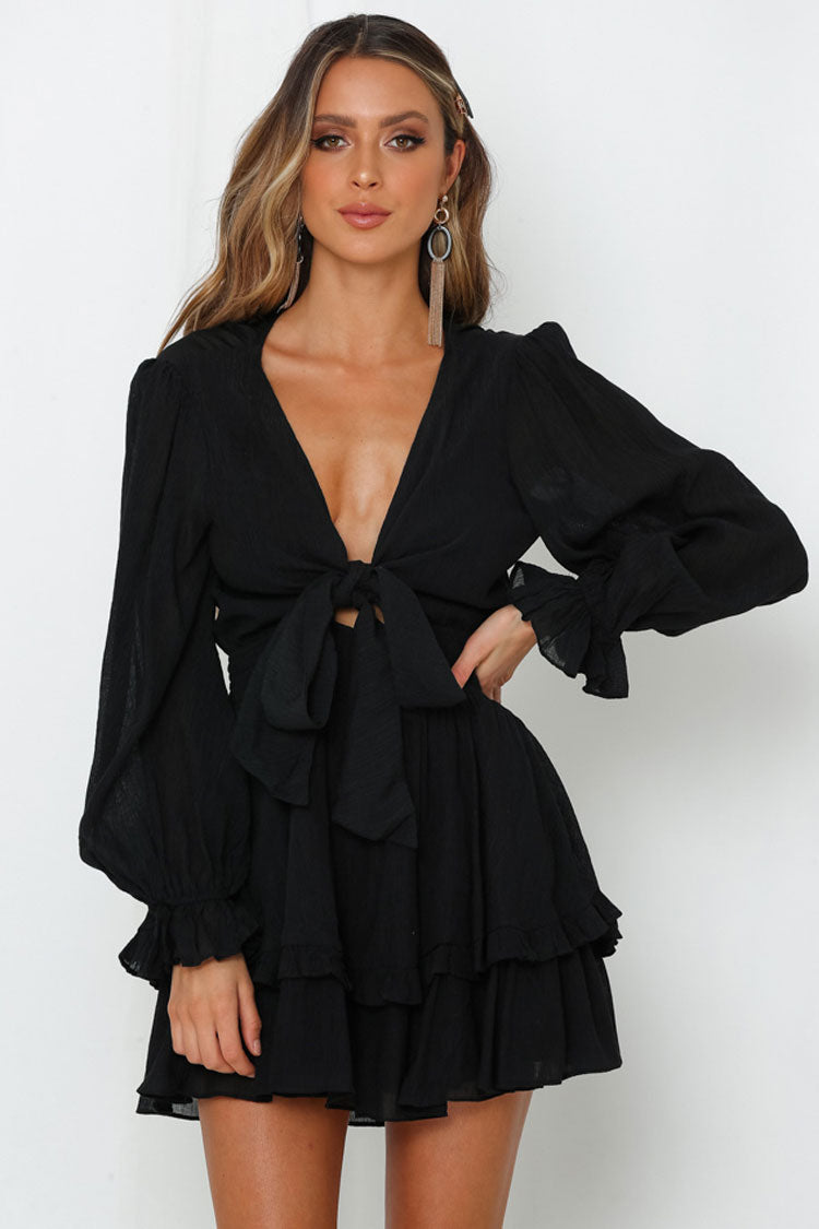 Deep V-Neck Tie Front Balloon Sleeve Tiered Ruffle Mini Dress
