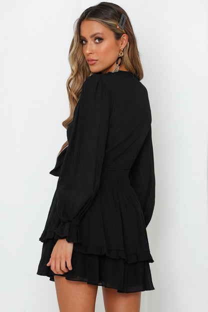 Deep V-Neck Tie Front Balloon Sleeve Tiered Ruffle Mini Dress