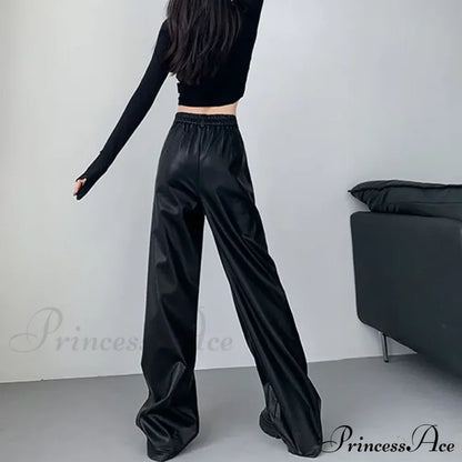 PU Leather Personality Loose Straight-Leg Casual Spring Autumn Fashion Pants