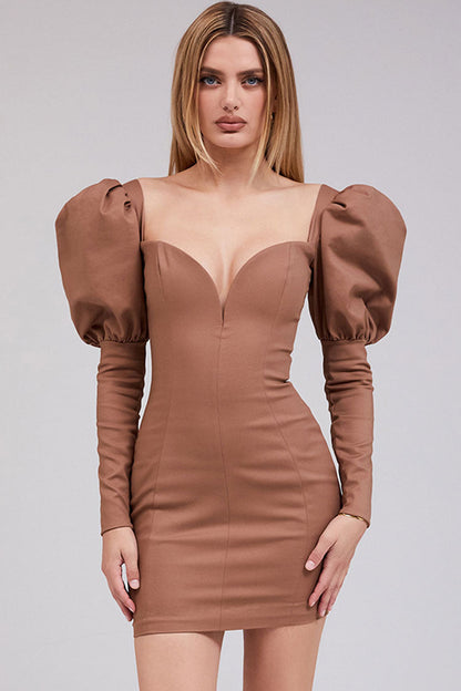 Balloon Sleeve Sweetheart Plunge V-Neck Princess Seam Bodycon Mini Dress