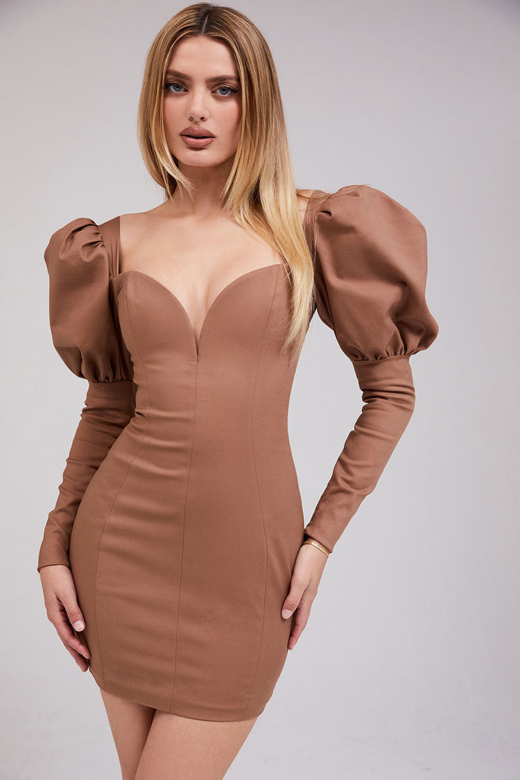 Balloon Sleeve Sweetheart Plunge V-Neck Princess Seam Bodycon Mini Dress