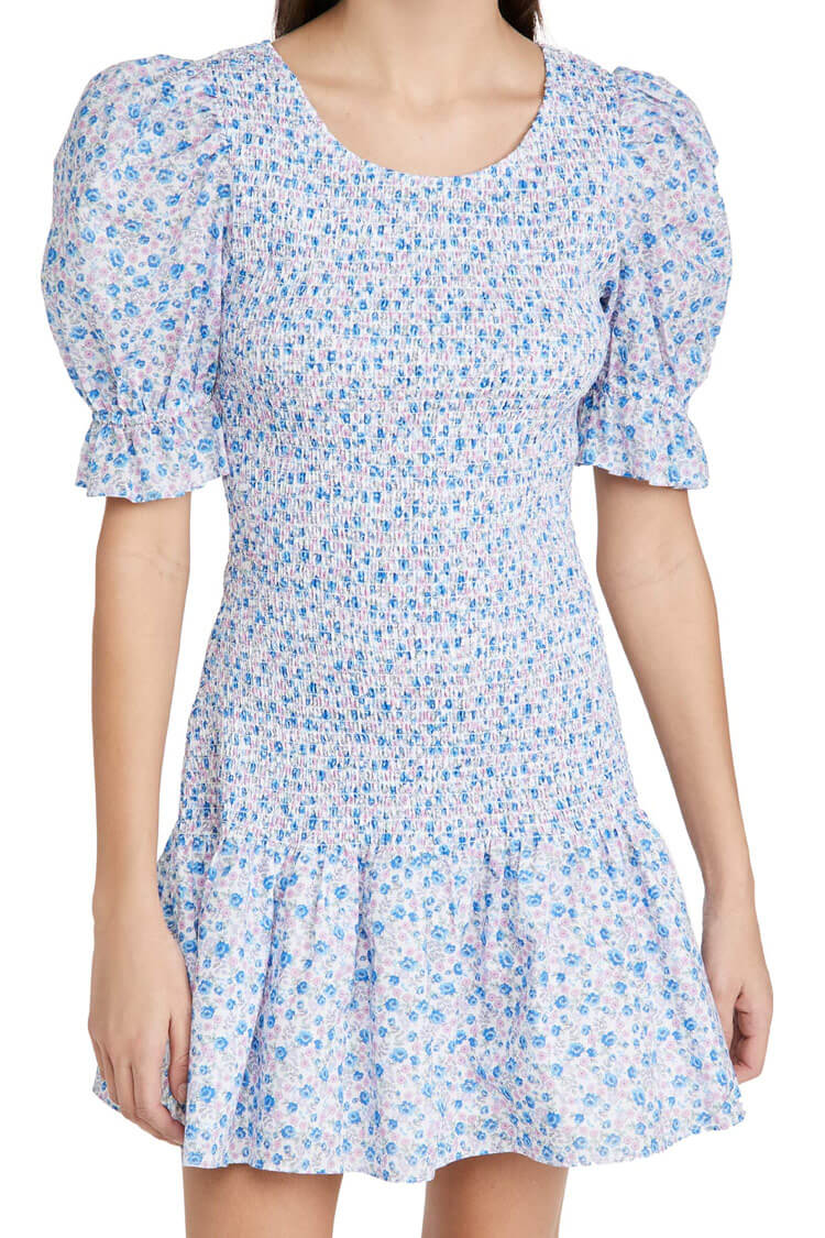 Ditsy Floral Print Scoop Neck Smocked Puff Sleeve Ruffle Hem Mini Dress
