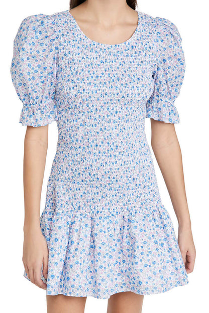Ditsy Floral Print Scoop Neck Smocked Puff Sleeve Ruffle Hem Mini Dress