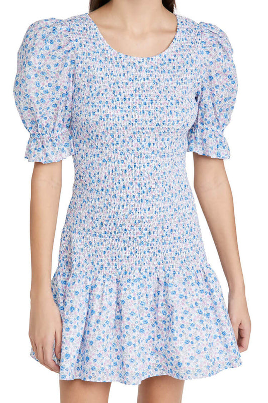 Ditsy Floral Print Scoop Neck Smocked Puff Sleeve Ruffle Hem Mini Dress