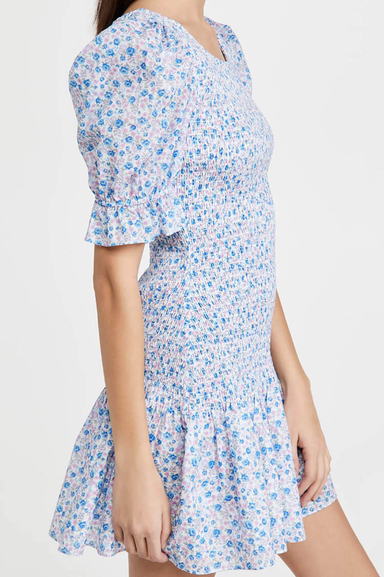 Ditsy Floral Print Scoop Neck Smocked Puff Sleeve Ruffle Hem Mini Dress
