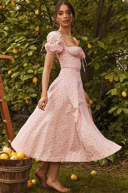 Ditsy Floral Print Square Neck Puff Sleeve Tie Front High Slit Midi Dress