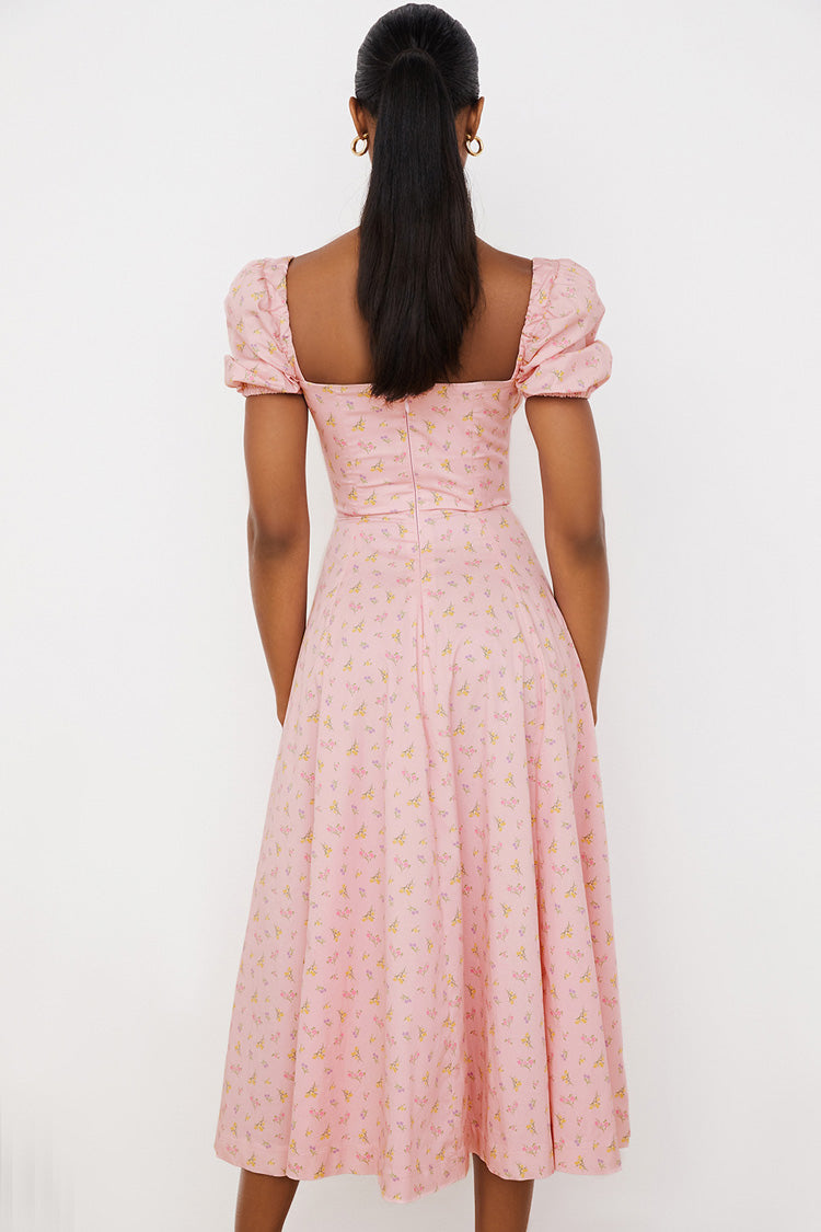 Ditsy Floral Print Square Neck Puff Sleeve Tie Front High Slit Midi Dress