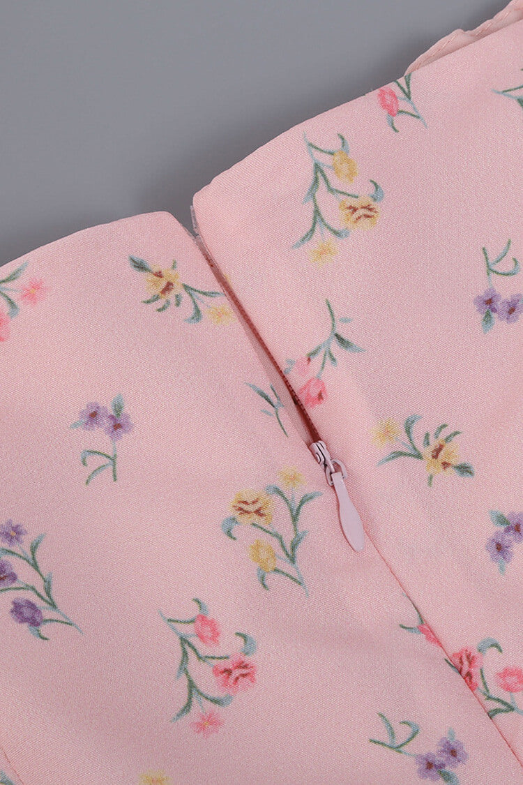 Ditsy Floral Print Square Neck Puff Sleeve Tie Front High Slit Midi Dress