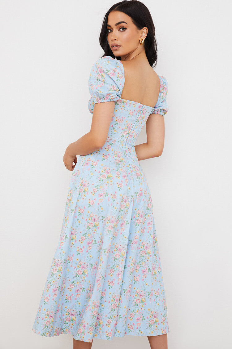 Ditsy Floral Print Square Neck Puff Sleeve Tie Front High Slit Midi Dress