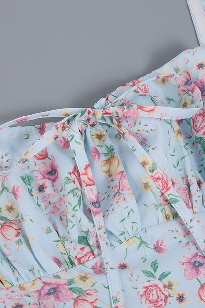 Ditsy Floral Print Square Neck Puff Sleeve Tie Front High Slit Midi Dress
